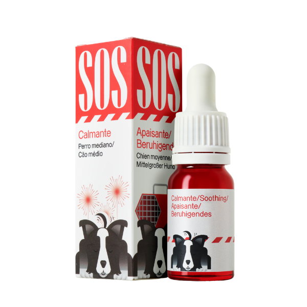 Caja y frasco del Aceite SOS tranquilizante para mascotas